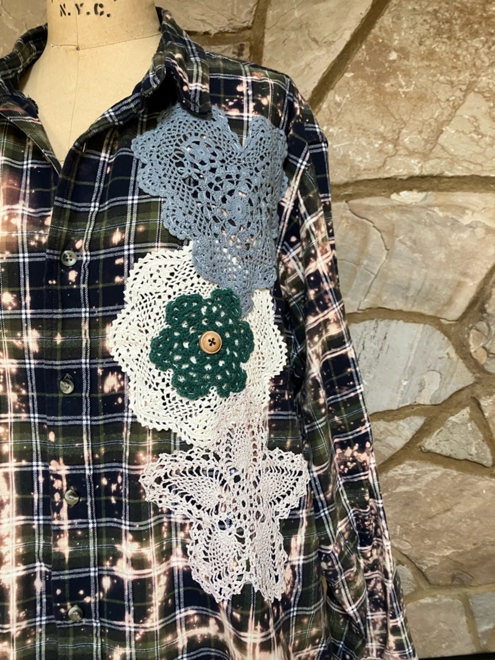RedHead Plaid Button-Up Shirt with Crochet Floral Appliqués - Green, Blue, Cream